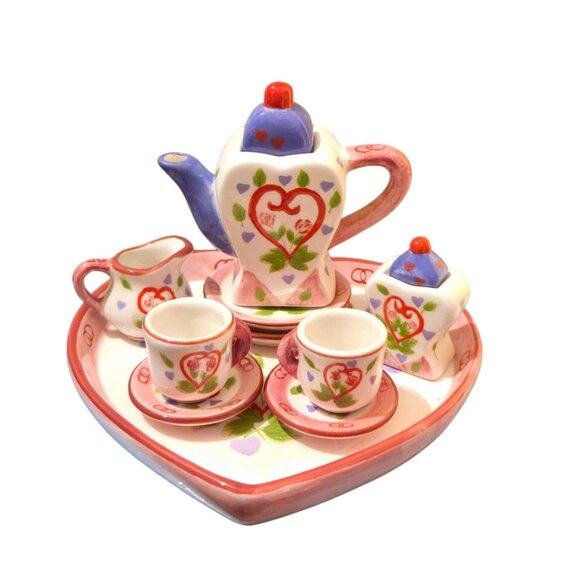 Vintage Mini Tea Set Heart Tray Ceramic Valentine Folk Art Christmas girl toy - Picture 2 of 12